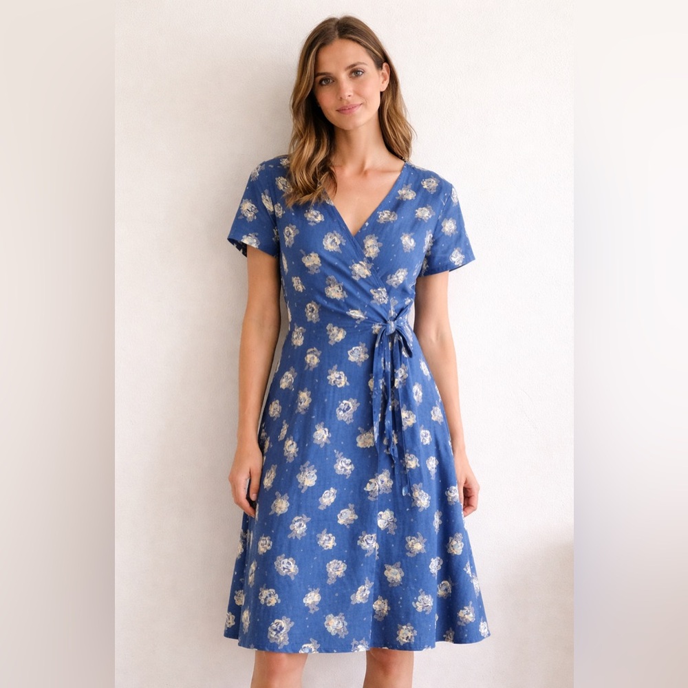 Wrap Floral Blue Midi Dress by Passion Lilie, Size Small